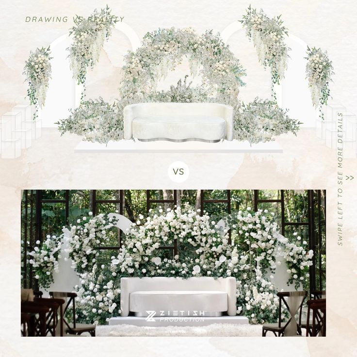 the wedding stage is set up with white flowers and greenery on it, along with a bench for seating