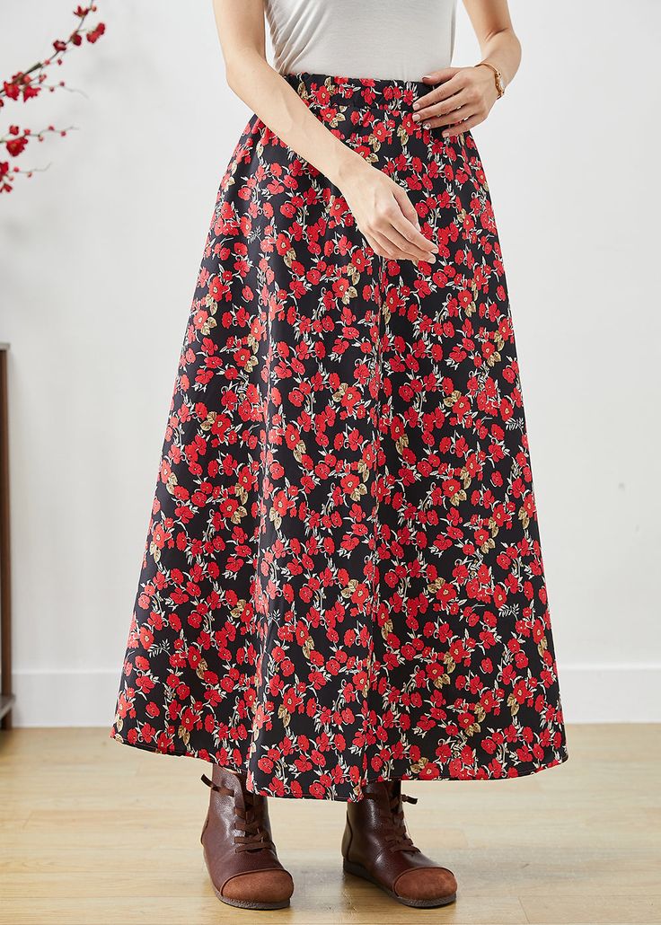 Modern Red Floral Print Exra Large Hem Cotton Skirts FallFabric: Cotton BlendedSize & Fit: This garment fits true to size.Length: Size L measures 35.1"from waist to hem.Waist:Fitted - elastic waist allows stretch Hip: Loosely Fitted. room for hips. Hand Wash Cold. Skirts Fall, Cotton Skirts, Red Floral Print, Fall Fabric, Fall Skirts, Cotton Skirt, Red Floral, Elastic Waist, Custom Made