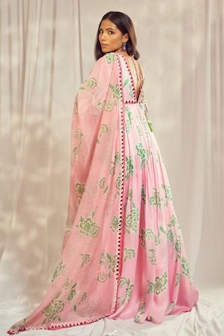 Baby pink long sleeves gathered flare plunging V neck anarkali with all over Phool print and mirror work highlights. Paired with a matching printed dupatta. - Aza Fashions Chanderi Block Print Anarkali Set For Wedding, Designer Festive Lehenga With Block Print, Festive Block Print Sharara For Wedding, Anarkali Block Print Kurta For Wedding, Fitted Block Print Sharara For Wedding, Anarkali Sharara With Block Print And Traditional Drape, Designer Bollywood Choli With Block Print, Pink Block Print Unstitched Anarkali Set, Traditional Pink Anarkali Set With Block Print