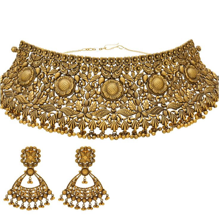 The engraved details used along this 22k Indian gold choker necklace and earring set adds an alluring look of rich texture. This stunning gold jewelry set is perfect for special events and occasions that call for the addition of antique Indian jewelry and cultural sophistication. Features • 22k yellow gold • Beading • Engraved details As a leading gold Indian jewelry store in the USA, we are proud to offer a wide selection of beautiful Indian gold jewelry, including this stunning 22k gold antiqu Antique Finish Chandbali Wedding Jewelry, Festive Gold Temple Necklace With Antique Finish, Gold Temple Necklace With Antique Finish For Festive Occasions, Ceremonial Festive Jewelry With Antique Finish, Ornate Antique Gold Festive Jewelry, Festive Ornate Antique Gold Jewelry, Festive Heavy 22k Gold Jewelry Sets, Heavy 22k Gold Jewelry Sets For Festive Season, Festive 22k Gold Heavy Jewelry Sets