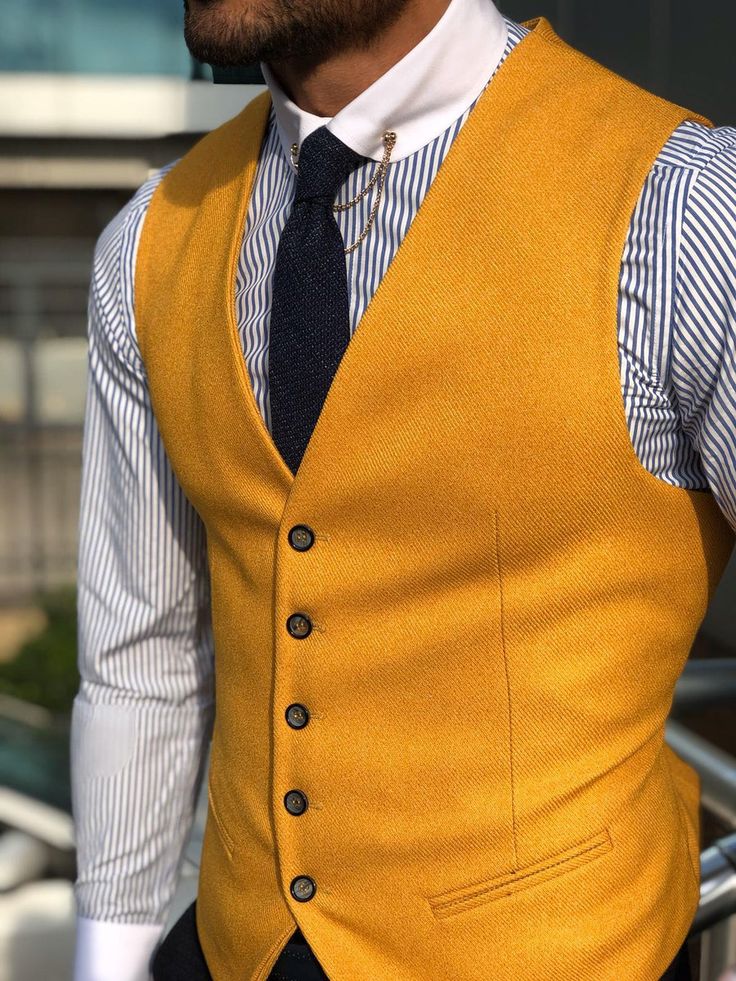 Slim-Fit Cotton Waist Coat MUSTARD freeshipping - BOJONI – VICLAN White Wedding Suit, Men's Business Casual, Chaleco Casual, Men Vest, Mens Dress Outfits, Waist Coat, Suit Waistcoat, Formal Suit, Mens Fashion Casual Outfits