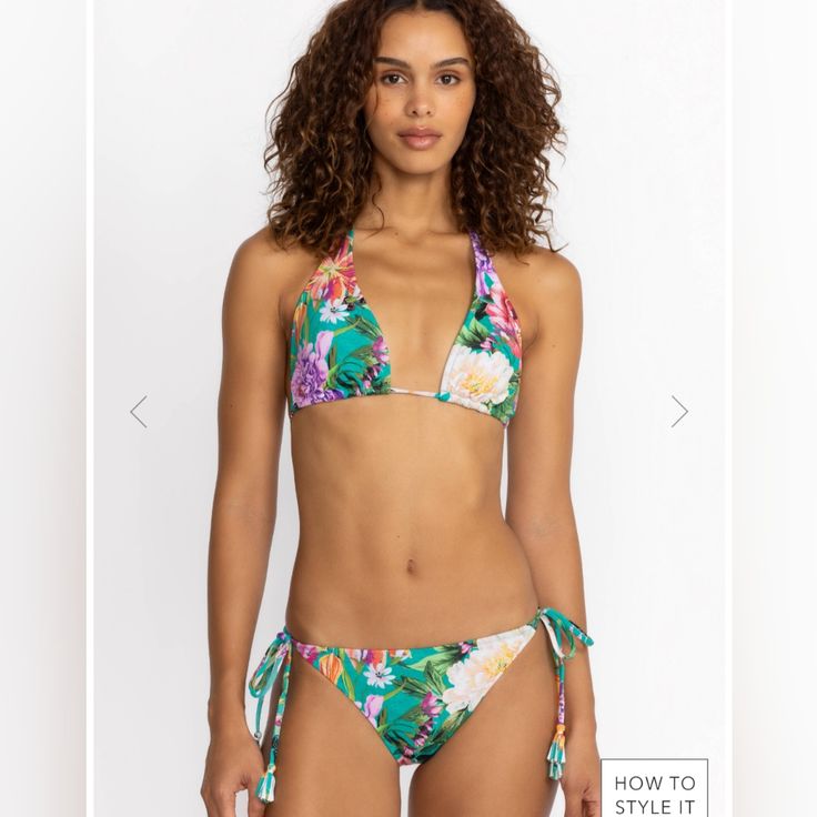 A Bold Swimwear Style, The Peacock Goza String Bikini Bottoms Create A Chic Silhouette Adorned With Brilliant Floral Bouquets. Cut With Decorative Tassel Side Ties, These Lined Swim Bottoms Are The Perfect Look For Soaking Up The Sun. Team With The Peacock Goza String Bikini Top For A Perfectly Polished Beachside Combo. 83% Polyamide 17% Elastane Size =Medium Fitted Tropical Print Swimwear, Fitted Tropical Swimwear With Tie-side Bottom, Printed Halter Top For Pool, Floral Print Fitted Halter Top For Pool, Spring Tropical Triangle Halter Top, Fitted Floral Print Halter Top For Pool, Fitted Floral Print Halter Top For Beach Party, Tropical Swimwear With Triangle Top And Fitted Style, Tropical Triangle Top Swimwear With Fitted Style