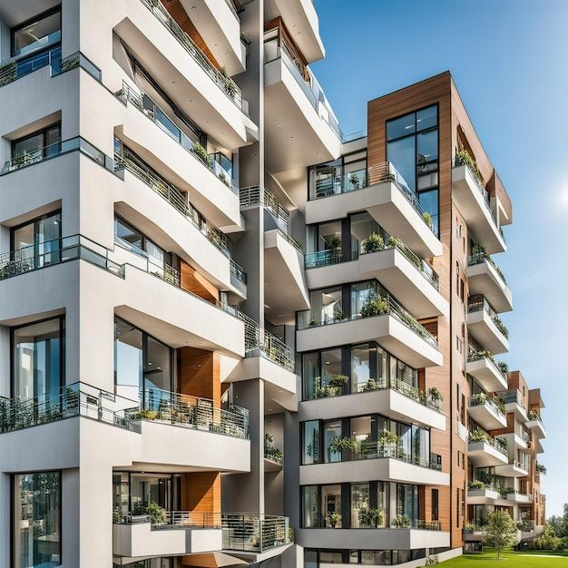 an apartment building with balconies and plants on the balconies is shown