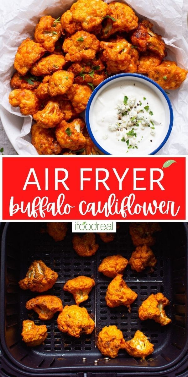 air fryer buffalo cauliflower with ranch dip in the middle and chicken wings on the side