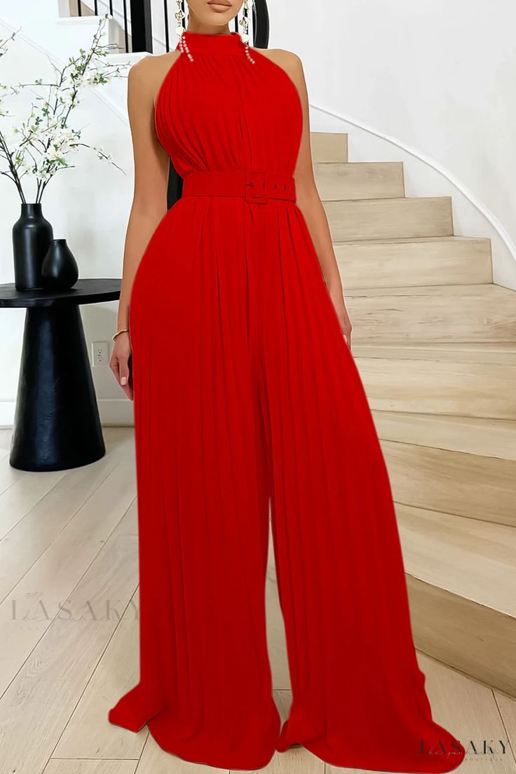 Lasaky - Party Perfect Sleeveless Jumpsuit with Belted Waist Pleated Jumpsuit, Loose Jumpsuit, Red Belt, Belt Style, Red Jumpsuit, Wide Leg Jumpsuit, Coat Dress, Halter Top, Types Of Sleeves