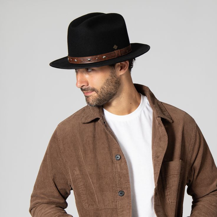 Features: Brim Size: 2.75" 100% wool Size: Men's s/m: 58cm, l/xl: 60cm Wool felt cowboy hat with embossed faux leather trim and studs Adventurous Men, Felt Cowboy Hat, Felt Cowboy Hats, Risk Taker, Facebook Style, Fall Hats, Wool Hat, Cowboy Hat, Leather Trim