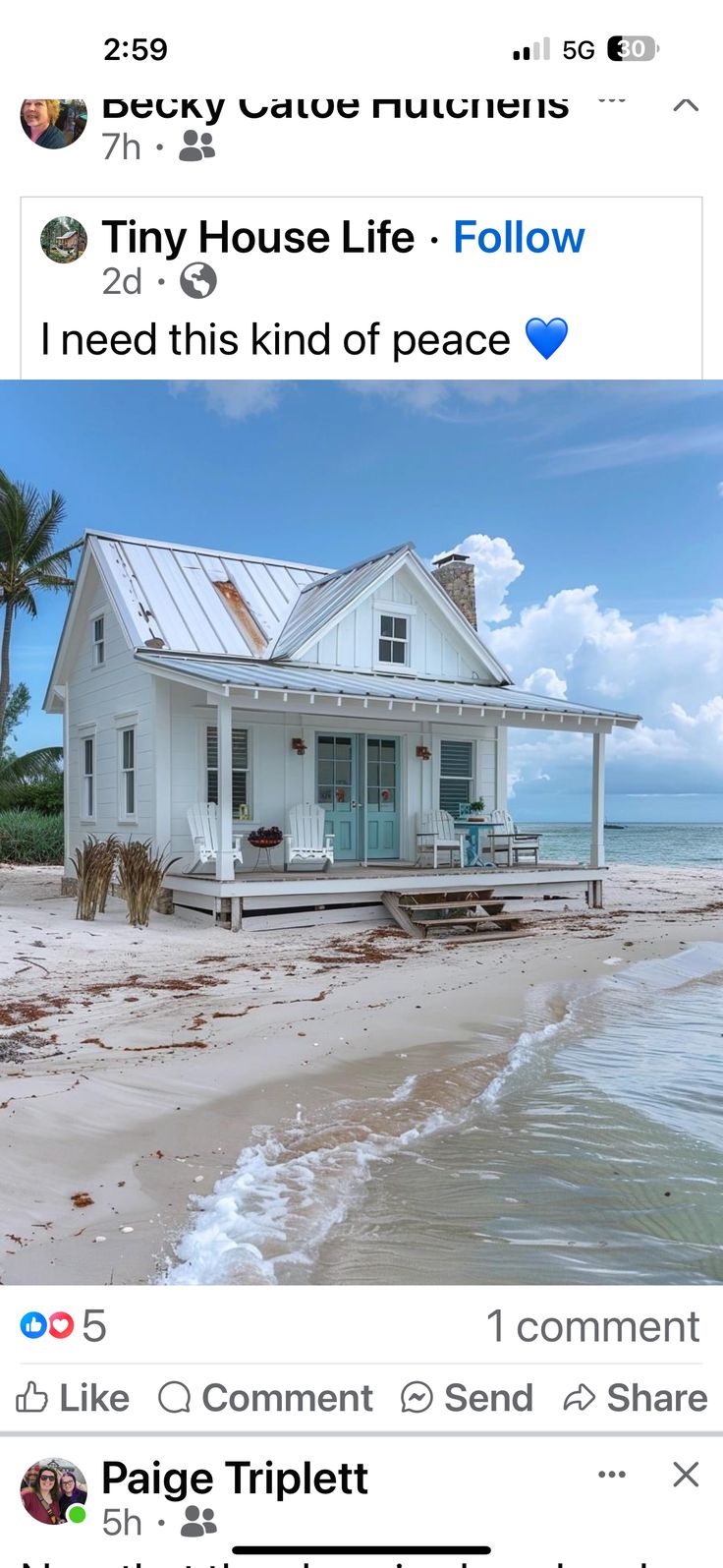 two tweets are on the same page, one has an image of a beach house