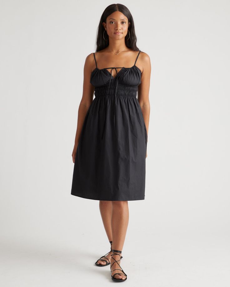 Discover the effortless charm of our 100% Organic Cotton Keyhole Midi Dress. Crafted with care from premium organic cotton poplin, this must-have dress has a cool, crisp look and a lightweight feel. The smocked bodice hugs your ribs in a flattering yet comfortable way, while the front tie and adjustable straps allow you to customize the fit. Best part: it has pockets! Easy to dress up or down, this chic silhouette works for a range of occasions. Cotton Relaxed Fit Sundress Midi Dress, Cotton Ruched Midi Dress For Brunch, Cotton Ruched Midi Dress For Day Out, Black Cotton Midi Dress For Day Out, Casual Cotton Ruched Midi Dress, Cotton Ruched Sundress Midi Dress, Cotton Ruched Midi Sundress, Chic Cotton Midi Dress With Relaxed Fit, Black Cotton Dress For Brunch