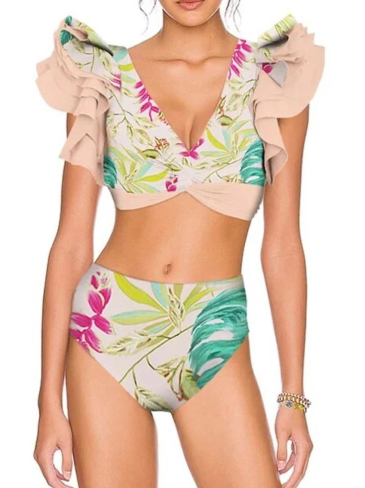 If you are a girl who loves to always be in fashion, even on those summer days, where we like to go to the beach. You can't stop carrying a swimsuit of the latest trends in your suitcase. This beautiful two-piece swimsuit and skirt cover up are impressive. It has a top with ruffles bikini. It is made in a soft polyester and spandex. You will get an ultra chic look if you have a beach event. 80% polyester, 20% spandex. Ruffle details on shoulders. Buckle strap closure on back. Deep V-neck. High waist. Color may be lighter or darker depending of the device it is displayed. Beige Nature, Ruffles Top, Vintage Floral Top, Floral Ruffle Top, Skirt Coverup, Top With Ruffles, Go To The Beach, Romper And Jacket, Best Swimsuits