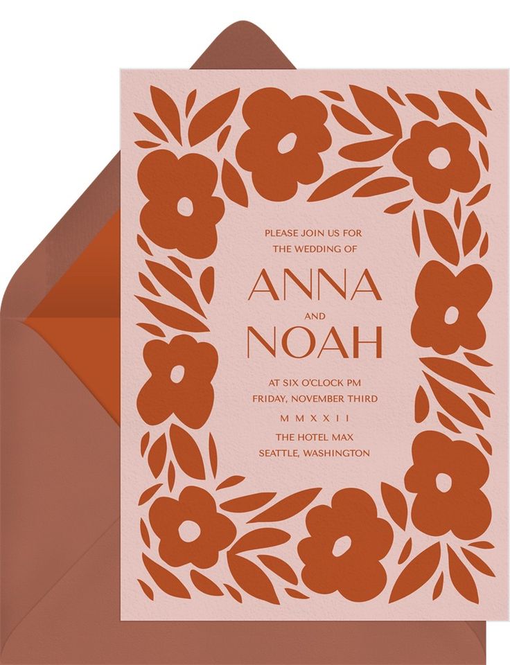 an orange and pink floral wedding card with the words anna and noah on it