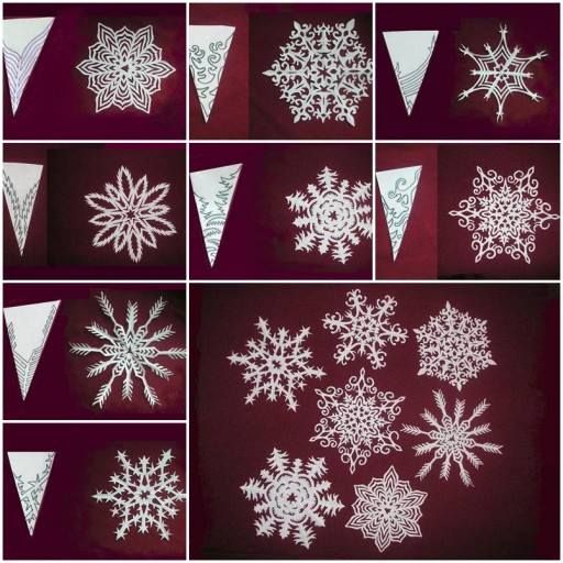 several snowflakes are shown in white on a red background, including one that has been cut out and the other is made from paper