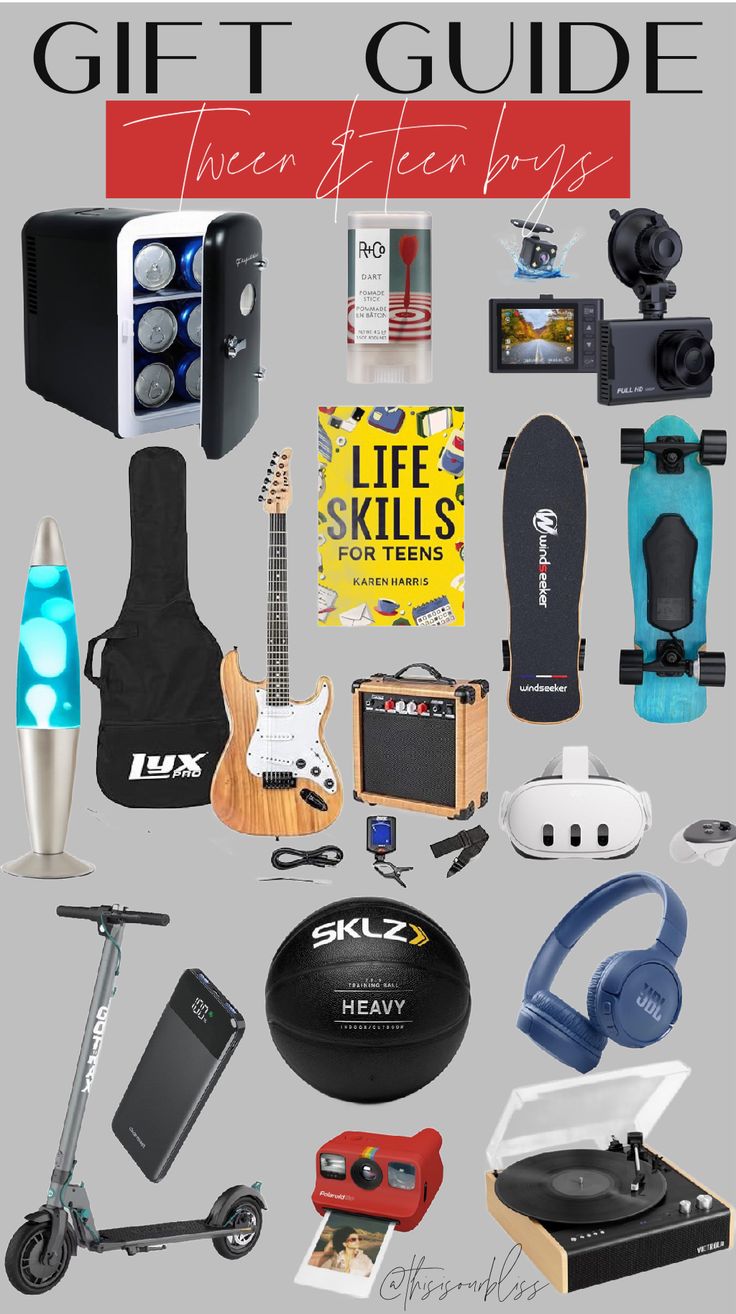 the ultimate gift guide for guitar players and their guitars, including an electric guitar, headphones