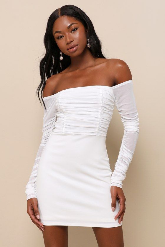 You're sure to be the center of attention any evening with the romance-ready look of the Lulus Elegant Eternity White Mesh Ruched Off-the-Shoulder Mini Dress! This trendy little number features stretchy sheer mesh (atop a matching knit liner) that shapes a ruched bodice and an off-the-shoulder neckline with hidden no-slip strips, all framed by long ruched sleeves. The high, fitted waist tops a crepe knit bodycon skirt that ends at a flirty mini hem. Hidden back zipper/clasp. Fit: This garment fi Flirty Off-shoulder Mini Dress With Ruched Bodice, Fitted Off-shoulder Dress With Ruched Bodice For Parties, Fitted Off Shoulder Dress With Ruched Bodice For Party, Fitted Flirty Off-shoulder Dress For Evening, Elegant White Ruched Off Shoulder Dress, Fitted Flirty Off Shoulder Dress For Evening, Flirty Fitted Off-shoulder Dress With Ruched Detail, White Ruched Off-shoulder Dress For Party, Flirty Fitted Off Shoulder Dress With Ruched Detail