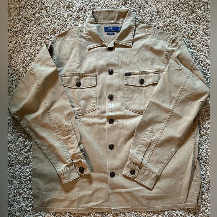 Polo Ralph Lauren - Button Front Shirt - Size M Nwot Casual Shirt With Lapel Collar And Buttons, Casual Tops With Button Closure And Lapel Collar, Casual Beige Tops With Snap Buttons, Khaki Snap Buttons Button-up Shirt, Khaki Shirt With Spread Collar And Buttons, Utility Style Khaki Tops With Buttons, Khaki Shirt With Buttons And Spread Collar, Casual Shirt With Lapel Collar And Button Closure, Khaki Utility Top With Button Closure