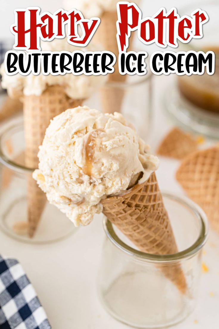 two scoops of harry potter butterbee ice cream on top of waffle cones