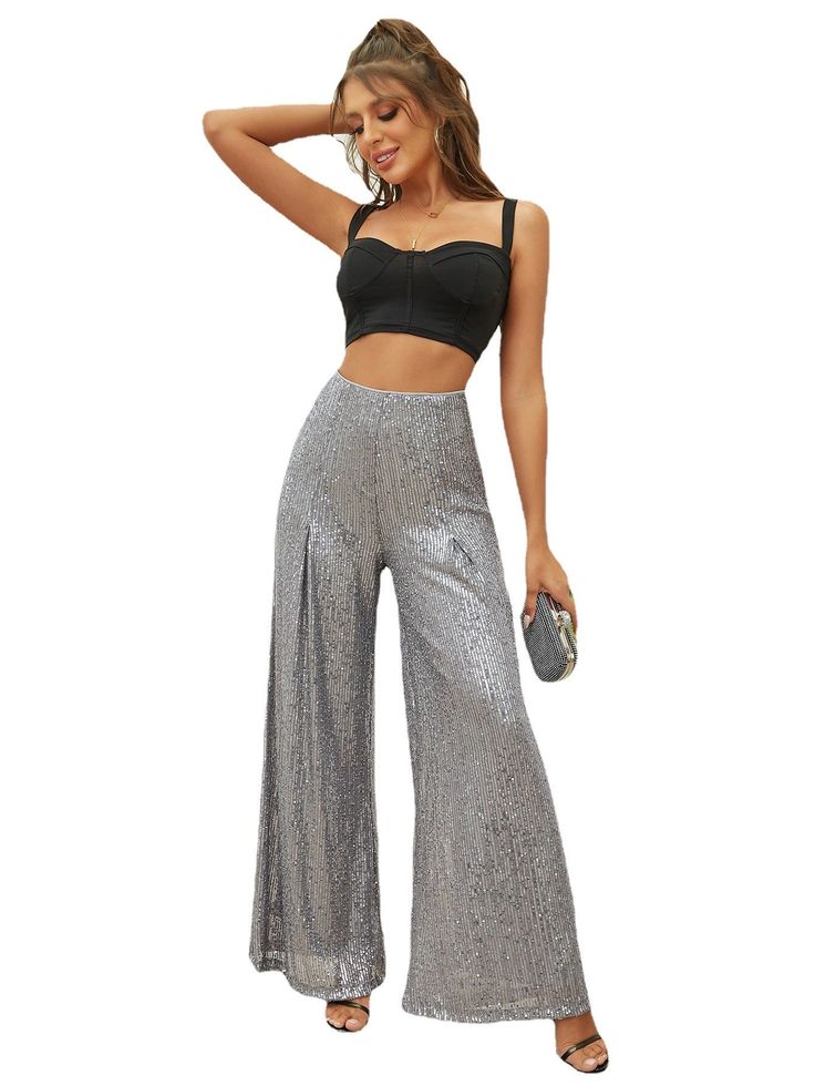 The Women's Temperament Casual High Waist Sequin Wide Leg Straight Pants are perfect for adding a touch of glamour to any casual outfit. These pants feature a high waist. wide leg fit and are embellished with shining sequins for a chic and stylish look. With a comfortable and flattering fit. these pants are perfect for any fashion-forward woman looking to make a statement.Product information:Material:polyester fiberStyle:Fashion simpleFeatures:SequinsColor:SilverSize Information:Unit:CMPacking l Spring Evening Embellished Bottoms, Spring Embellished Evening Bottoms, Elegant Glitter Bottoms For Evening, Glamorous Wide Leg Pants For Spring Evenings, Glitter Bottoms For Summer Evening, Glamorous Full Length Party Pants, Summer Evening Glitter Bottoms, High-waisted Wide Leg Pants For Party, High-waisted Wide Leg Pants For Party Season