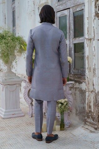 Grey kurta with bead, french knots embroidery in floral placement pattern. Paired with trouser. - Aza Fashions Embroidered Straight Kurta Bandhgala For Reception, Embroidered Raw Silk Kurta For Reception, Traditional Churidar With Floral Embroidery For Reception, Diwali Sherwani With Floral Embroidery In Raw Silk, Reception Churidar With Floral Embroidery, Unstitched Churidar With Floral Embroidery For Reception, Silk Embroidered Churidar For Reception, Floral Embroidered Churidar For Reception And Festivals, Eid Traditional Wear With Floral Embroidery For Reception