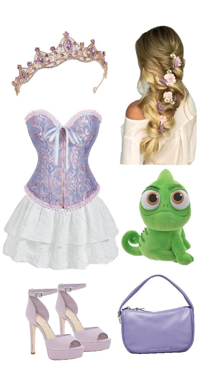 the princess and the frog costume is shown with shoes, handbag, purse, headband