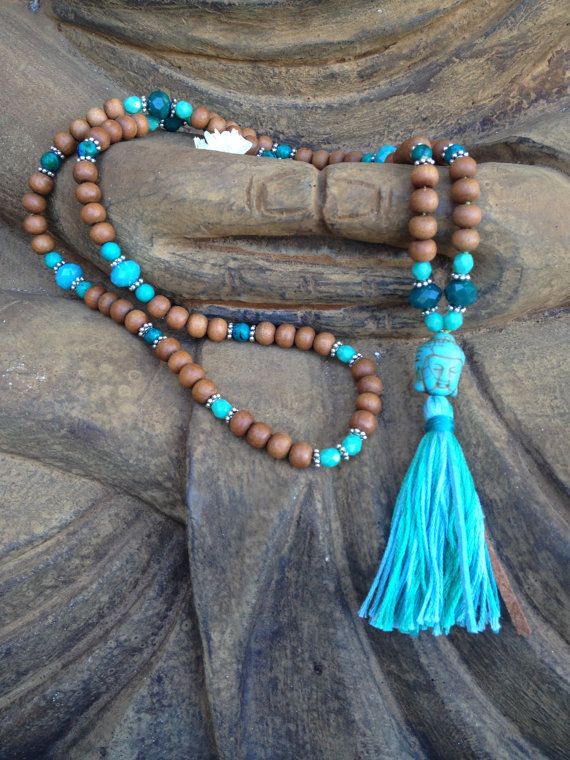 Sandalwood Mala, Mala Jewelry, Tassel Jewelry, 108 Bead, Yoga Jewelry, Mysore, Turquoise Green, Mala Necklace, Green Agate