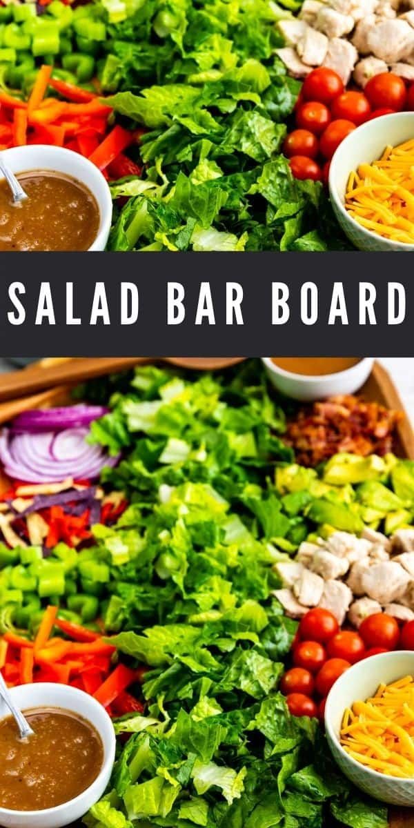 the salad bar board is full of fresh vegetables, meats and dressing sauces