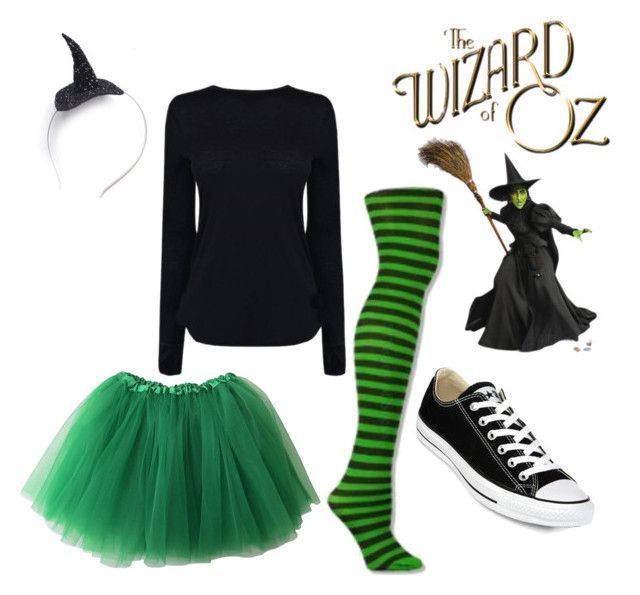 the wizard of oz costume with green tutu skirt and black shirt, striped socks, white