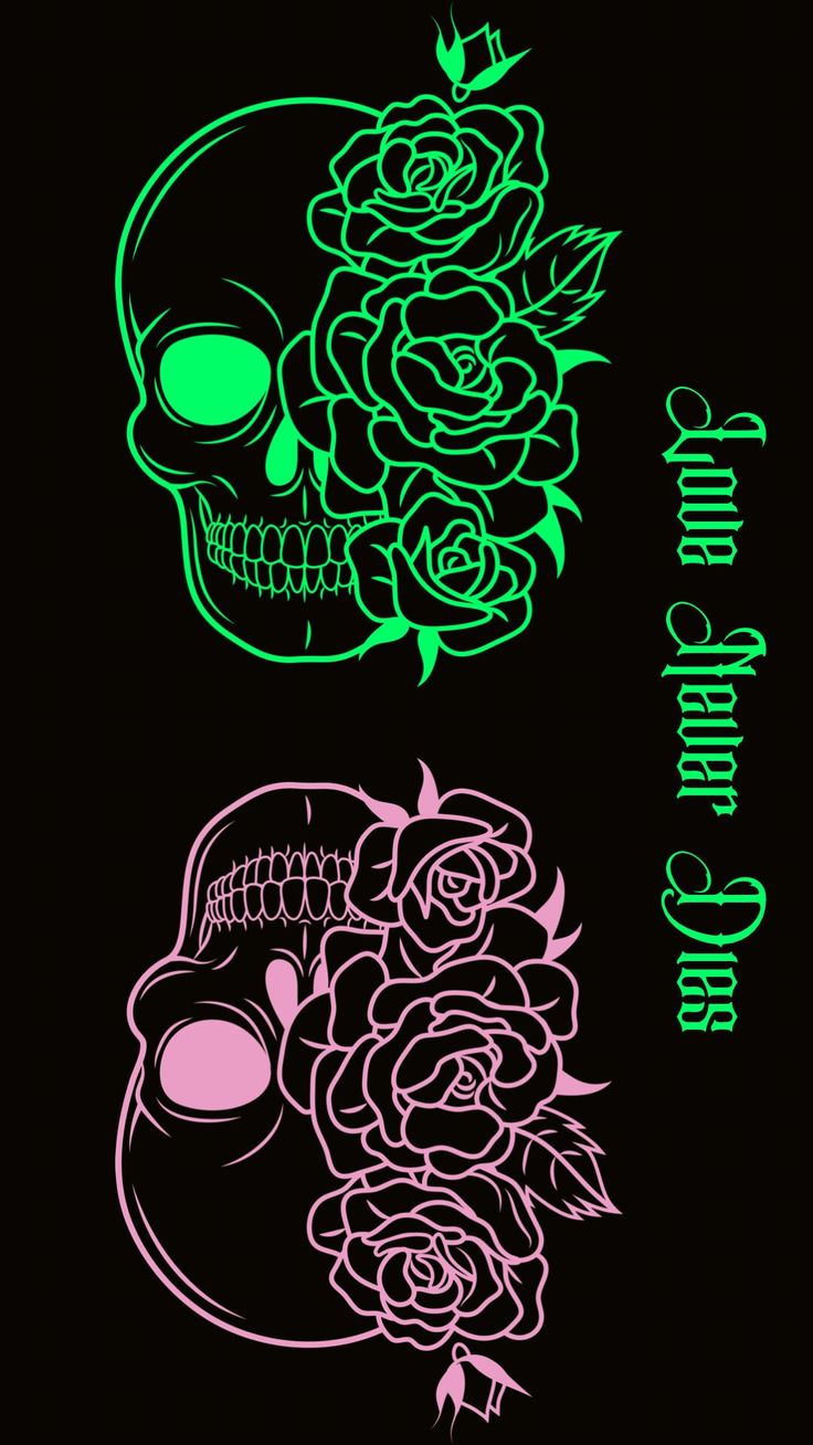 two different colored skulls with roses on the side and one skull in the middle, both are