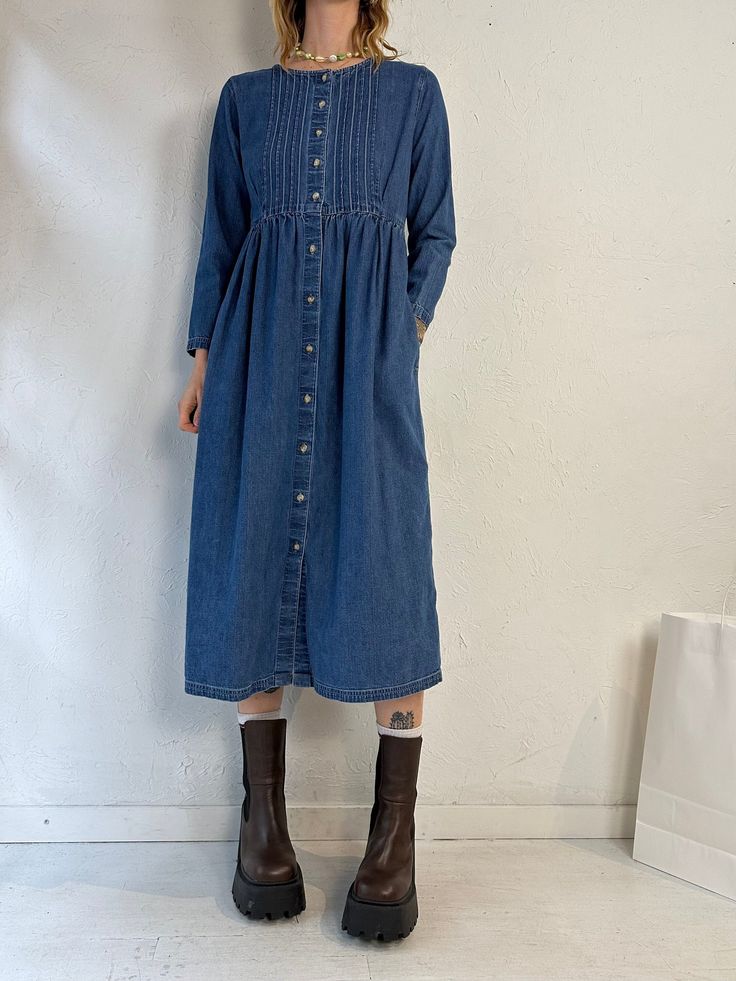 "- Eddie Bauer long sleeve button up dress - 100% cotton - Made in Thailand - Tagged XS Bust: 18.5\" Waist: 15\" Length: 46\"" Non-stretch Buttoned Denim Dress For Fall, Dark Wash Long Sleeve Dress With Buttons, Non-stretch Long Sleeve Denim Dress, Casual Non-stretch Long Sleeve Denim Dress, Long Sleeve Denim Blue Dress With Buttons, Long-sleeved Denim Dress With Buttons, Non-stretch Button-up Denim Dress, Collared Denim Dress With Button Closure, Blue Cotton Long Sleeve Denim Dress