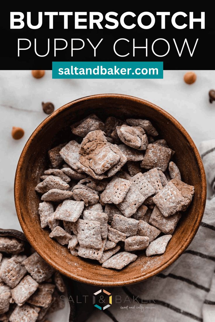 a wooden bowl filled with puppy chow next to two small bowls full of dog food