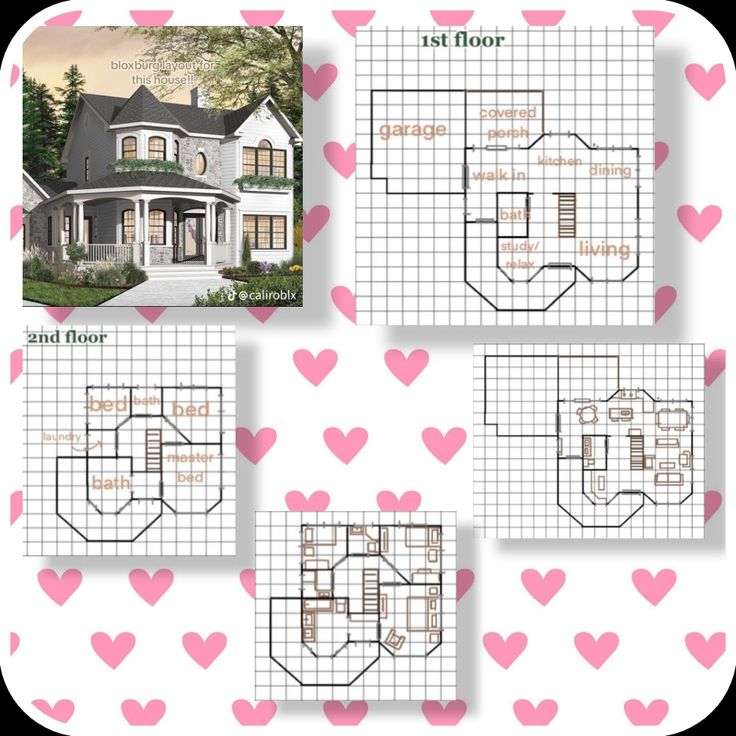 the floor plans for this house are shown in pink and white hearts on a white background