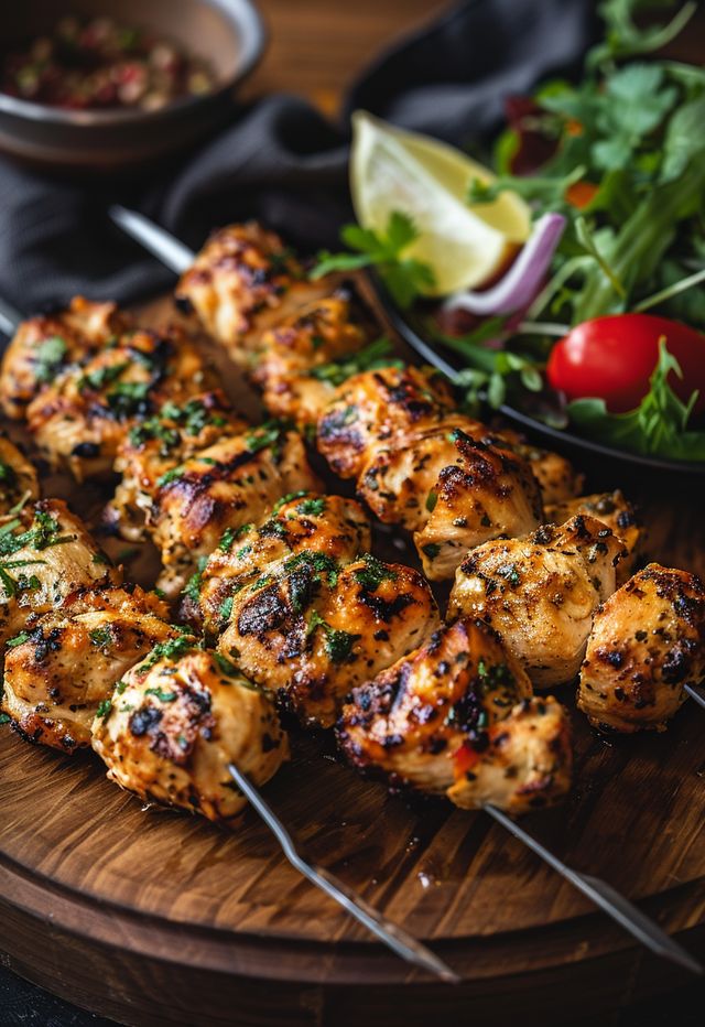 grilled chicken skewers and salad on a wooden platter