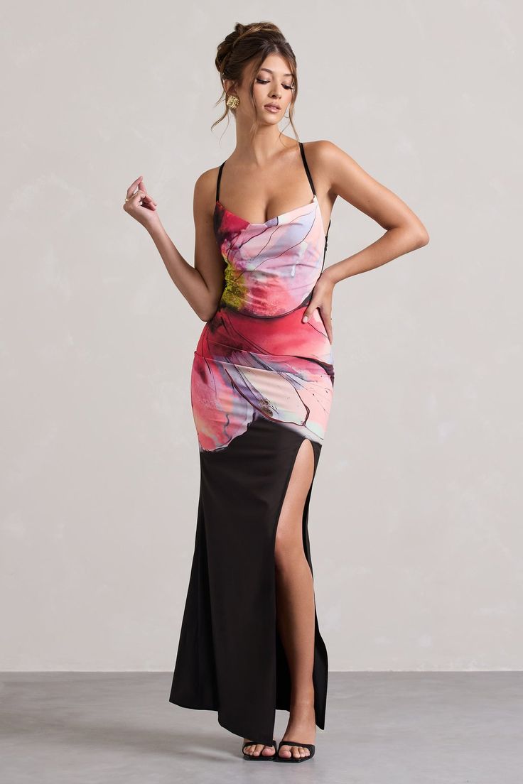 Kali Black Floral Print Cowl-Neck Open-Back Split Maxi Dress – Club L London - USA Chic Floral Print Maxi Dress For Gala, Multicolor Maxi Dress For Prom, Multicolor Maxi Prom Dress, Pink Floral Print Backless Maxi Dress, Floral Print Maxi Dress For Prom, Multicolor Floral Print Maxi Dress For Evening, Elegant Multicolor Maxi Dress For Prom, Feminine Floral Print Backless Maxi Dress, Floral Print Chiffon Maxi Dress For Prom