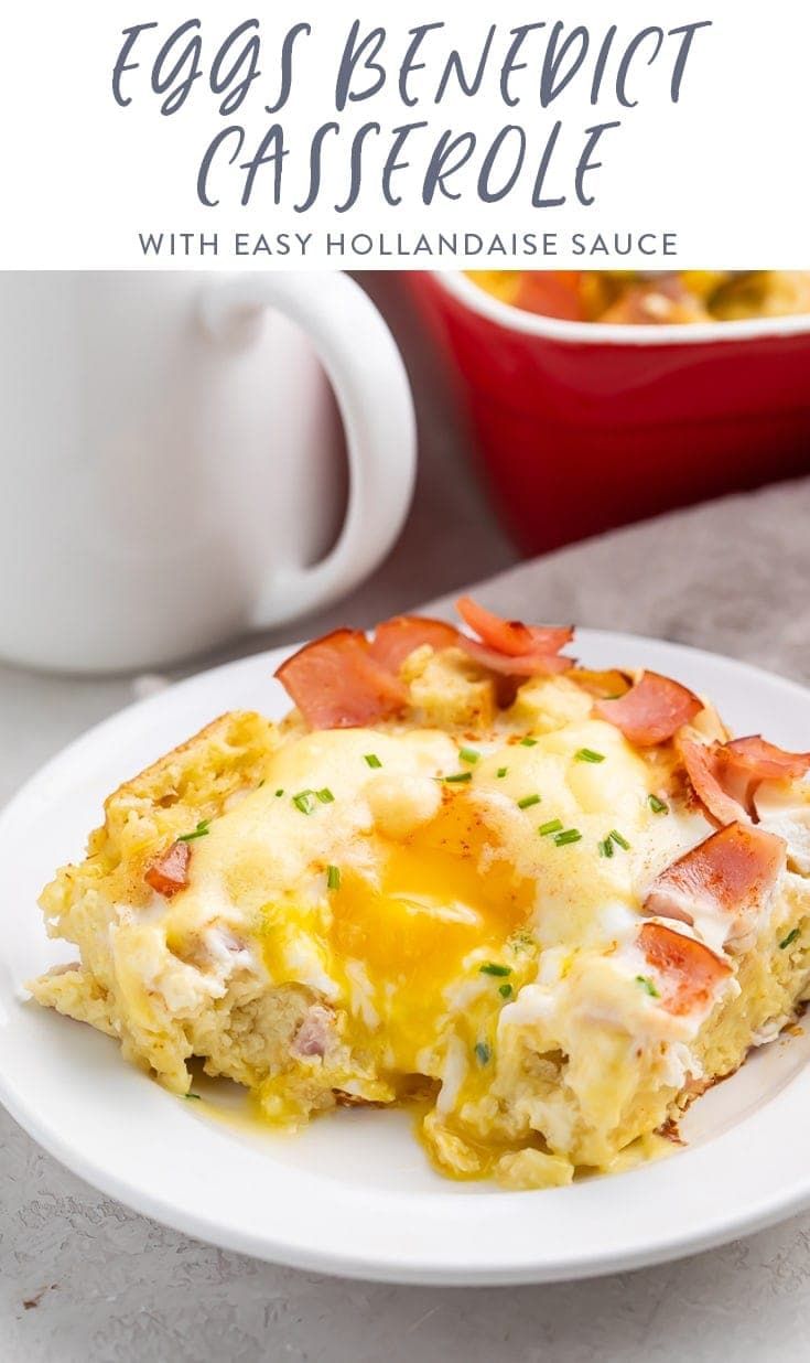 an egg and ham casserole on a plate with a cup of coffee in the background