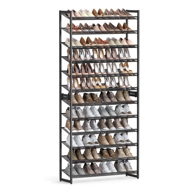 a shoe rack with many pairs of shoes on top and bottom shelves in the middle