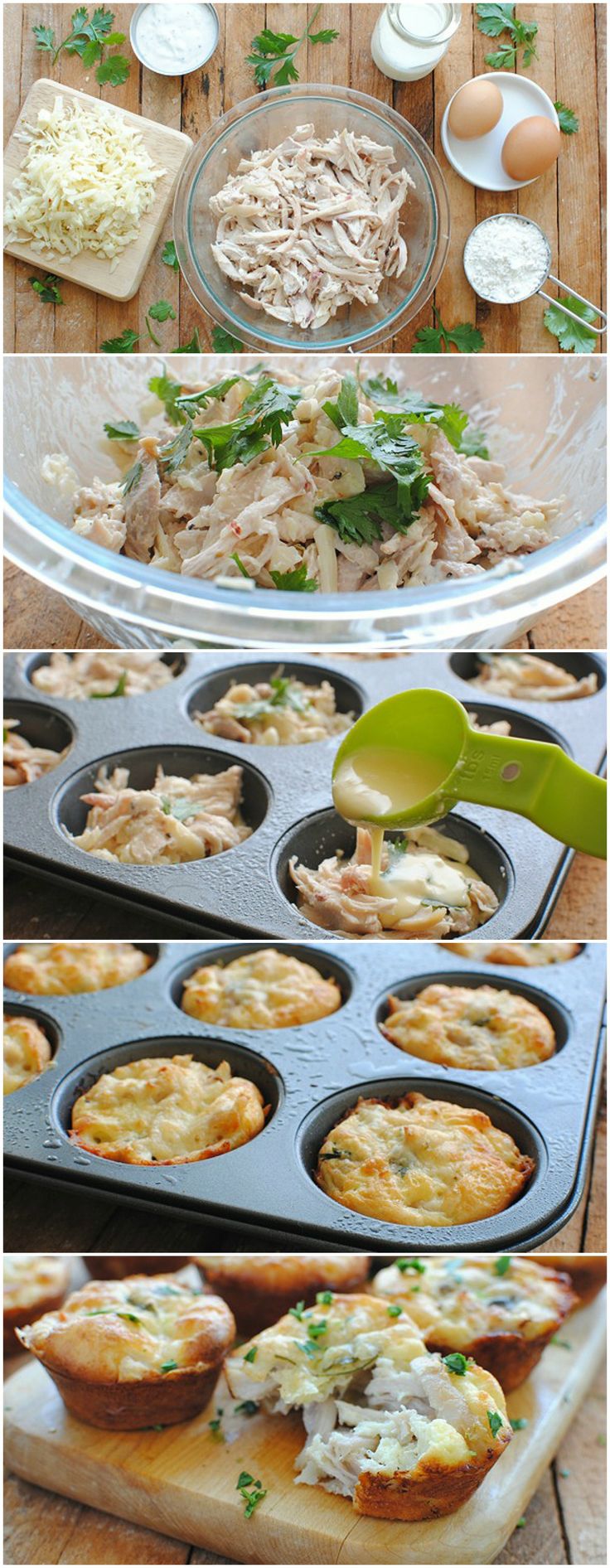 the process of making chicken pot pies in muffin tins is shown here