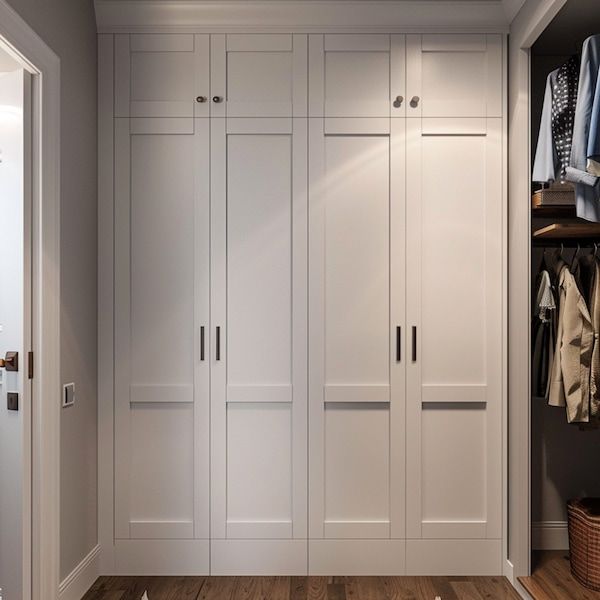 a walk in closet with white cabinets and drawers