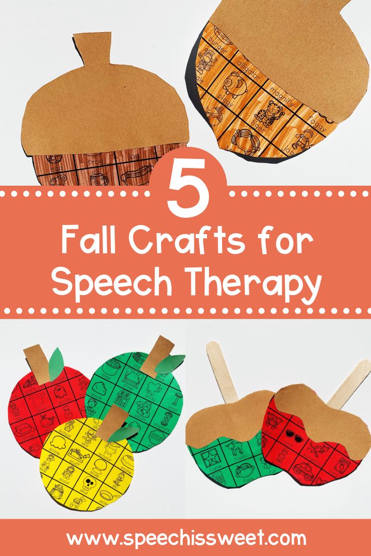 five fall crafts for speech therapy with apples, pumpkins and paper cutouts on them