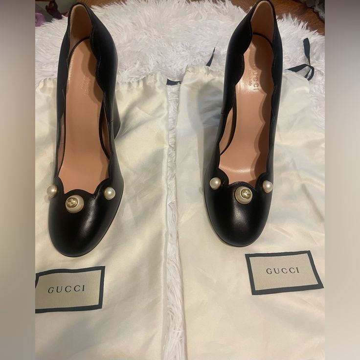 Nwot Black Gucci Scalloped Leather Willow Pearl Embellished Block Heel Pumps. Size 39 (Us 9) Never Worn Only Tried On. **Sold Out** Designer Embellished Leather Heels, Elegant Gucci Leather Heels, Elegant Gucci Calf Leather Heels, Gucci Designer Calf Leather Heels, Block Heel Pumps, Black Shoes Heels, Walker Boots, Gucci Black, Heel Pumps