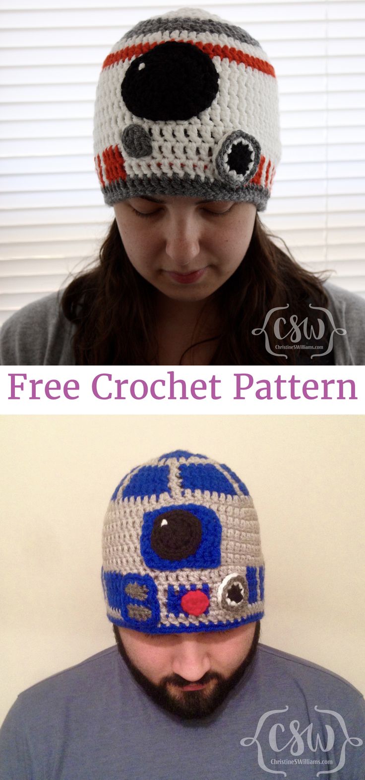 two pictures one with a crochet hat and the other has a knitted star wars helmet