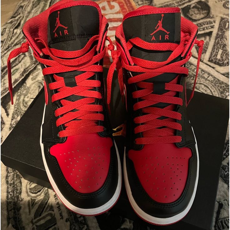 Worn One Time, Like Brand New. No Scuffs Scrapes, Or Creases. Red And Black. Authentic. Comes With Brand New Laces And Box. Size 8 1.2. Red Casual Jordan Shoes With Laces, Red Casual Jordan Shoes, Casual Red Leather Jordan Shoes, Casual Red Lace-up Jordan Shoes, Shoes Jordan 1, Nike Shoes Jordans, Shoes Jordan, Jordan 1 Mid, One Time