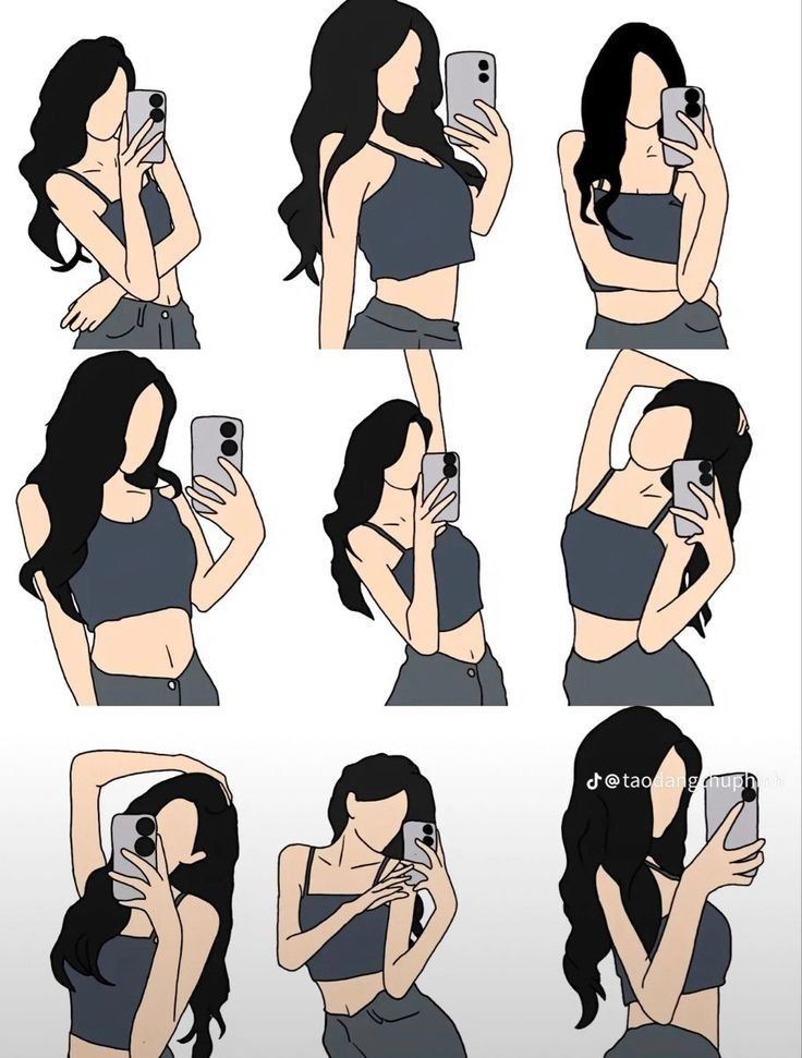 a woman taking a selfie with her cell phone in different positions and holding it up