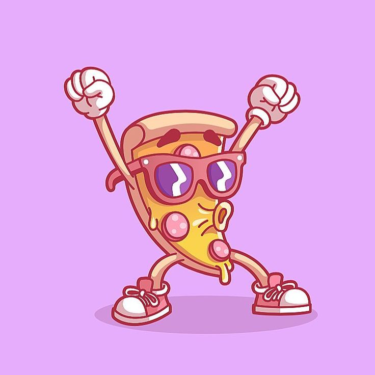 cartoon pizza character wearing sunglasses and raising his arms