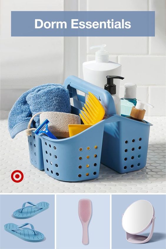 a blue basket filled with lots of cleaning supplies