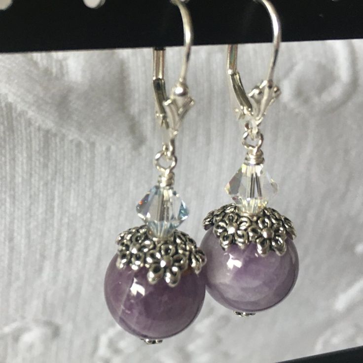 Handmade Earrings Amethyst Beads Crystals Sterling Silver Leverbacks New Adjustable Silver Crystal Gemstone Earrings, Adjustable Lavender Sterling Silver Earrings, Nickel-free Amethyst Lavender Earrings, Nickel-free Lavender Amethyst Earrings, Purple Gemstone Round Bead Earrings, Purple Gemstone Earrings With Round Beads, Silver Amethyst Crystal Earrings With Ear Wire, Adjustable Amethyst Crystal Earrings, Elegant Style, Nickel-free Silver Amethyst Crystal Earrings