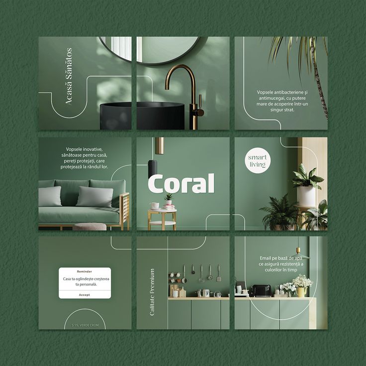 an image of a brochure with green walls and furniture in the center, along with text that reads coral