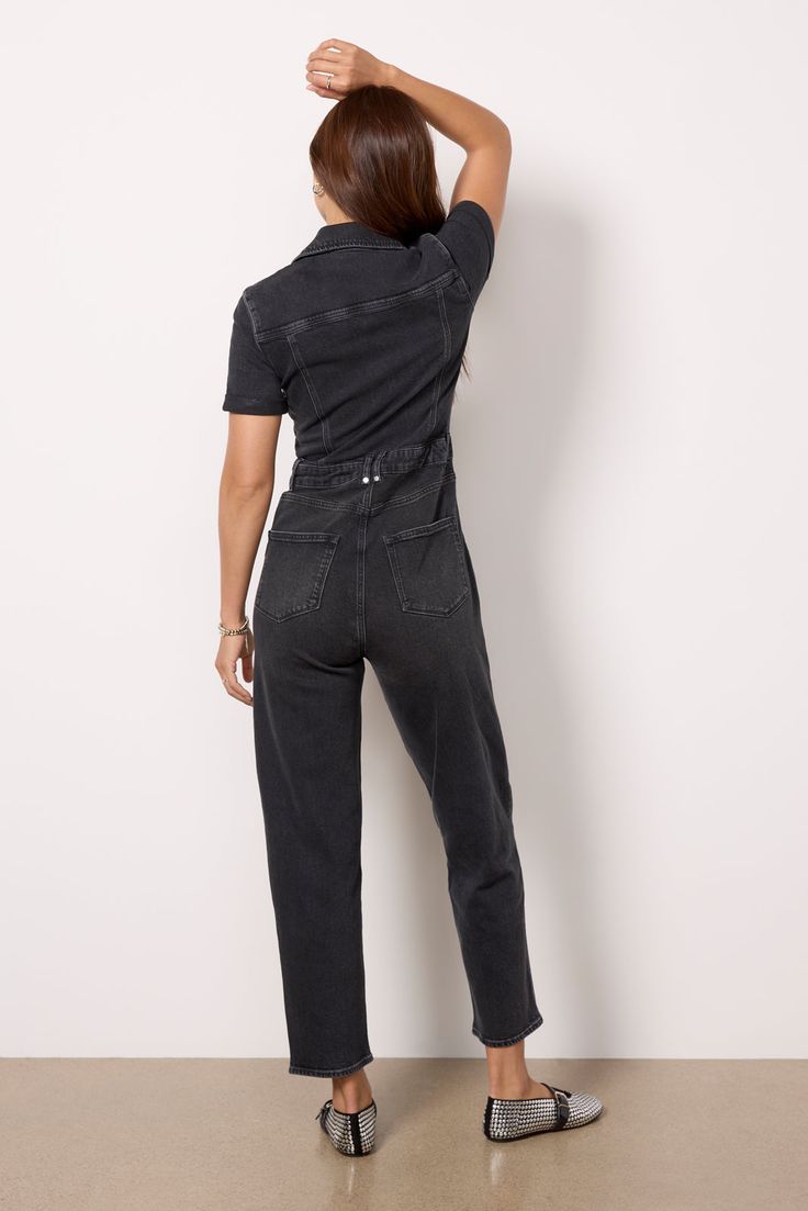 Solve your weekend uniform with this utility-style jumpsuit by Paige. Crafted in a comfortable cotton blend, this jumpsuit features a collared v-neckline, rolled short sleeves, front button closures, and utility-style pockets. | PAIGE Women's Alexis Jumpsuit, Black Style Jumpsuit, Utility Style, Brand Style Guide, Jumpsuit Black, Fashion 101, Fall Shopping, Tee Dress, Work Fashion, Fall Trends