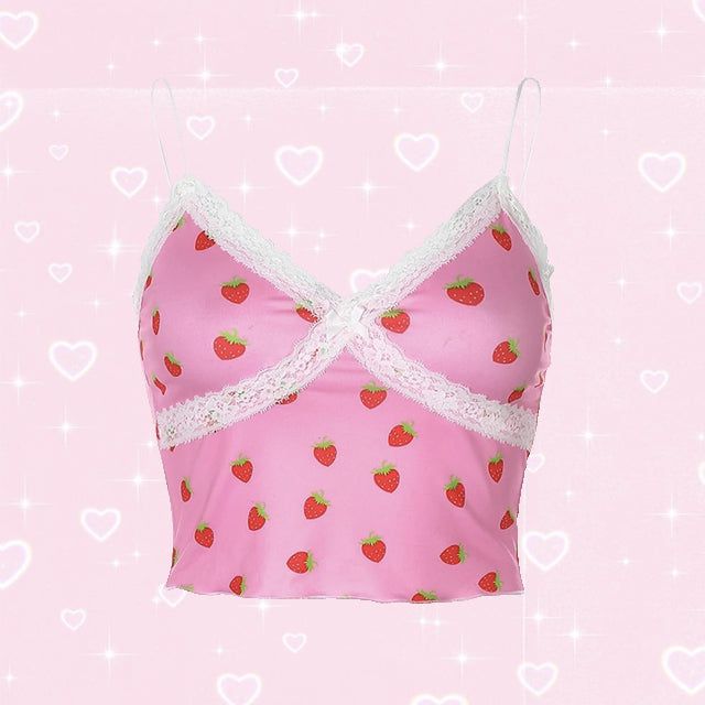 Sweet strawberry love! Check out our crop top range for more Y2K inspired tops <3 Size Guide Small Bust: 70 - 84 Waist: 56 - 64 Length: 40 Medium Bust: 74 - 88 Waist: 60 - 68 Length: 41 Large Bust: 78 - 92 Waist: 64 - 72 Length: 42 Kindly note the sizes many have 2-3cm variations due to manual measurement. Fitted Fruit Print Summer Tops, Fitted Casual Tops With Strawberry Print, Casual Fitted Strawberry Print Tops, Trendy Fitted Fruit Print Top, Trendy Pink Cropped Crop Top, Trendy Pink Cropped Top, Trendy Cropped Pink Tops, Fitted Fruit Print Tops For Spring, Pink Y2k Cropped Crop Top