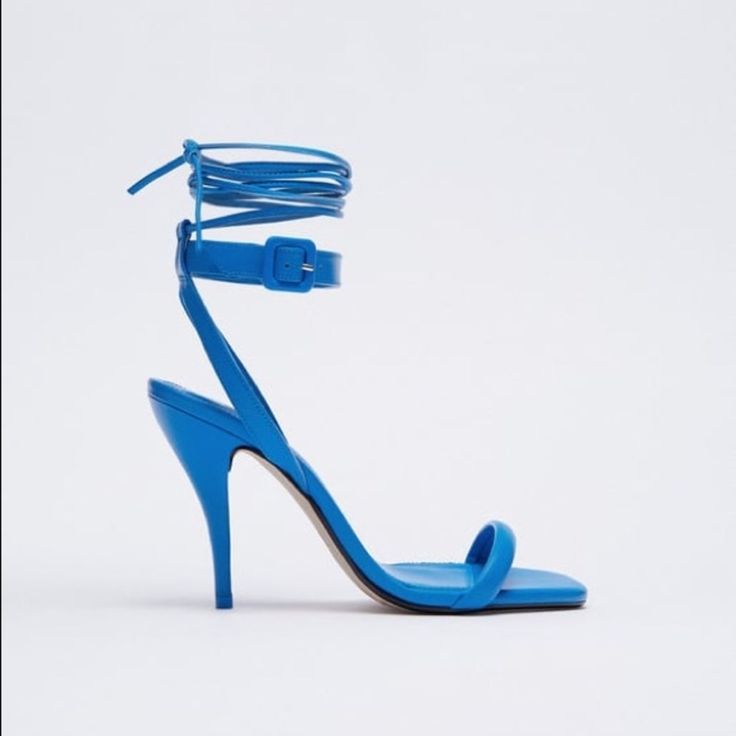 Nwt. Zara Blue Leather Tied High-Heel Sandals. Size 8. Ref. 1340/810. Heel 4". Blue Strappy Sandals For Evening, Blue Strappy Evening Sandals, Blue Strappy Sandals For Formal Occasions, Chic Blue Strappy Heels, Blue Lace-up Sandals For Summer, Blue Lace-up Sandals For Party, Blue High Heel Lace-up Sandals For Summer, Blue Open Toe Lace-up Sandals For Spring, Blue Lace-up Ankle Strap Sandals For Spring