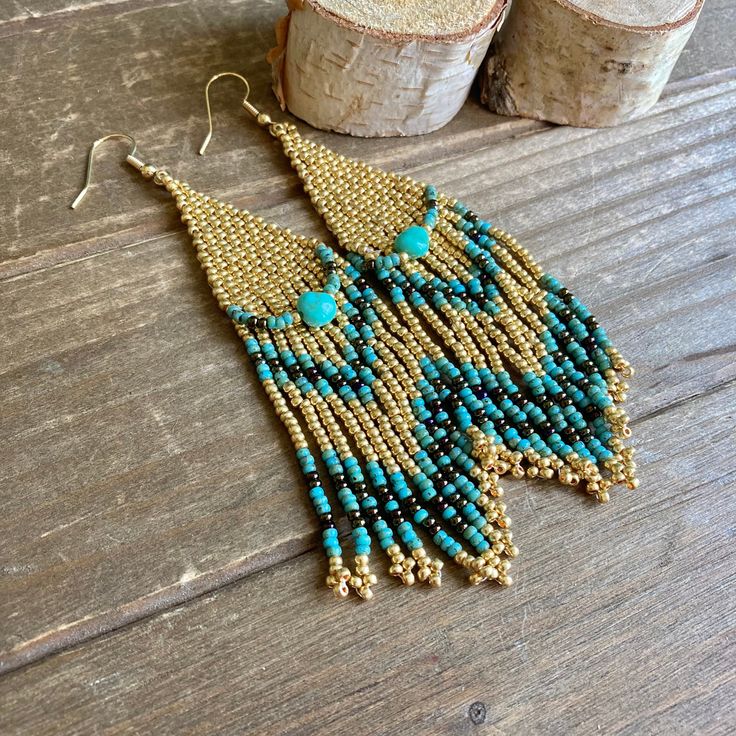 Turquoise Artisan Jewelry With Gold Beads, Artisan Turquoise Jewelry With Gold Beads, Artisan Gold Earrings With Beaded Fringe, Gold Artisan Beaded Fringe Earrings, Artisan Jewelry With Beaded Fringe For Crafting, Turquoise Earrings With Gold Beads, Bohemian Gold Earrings With Tiny Beads, Adjustable Gold Jewelry With Beaded Fringe, Gold Jewelry With Beaded Fringe For Festival