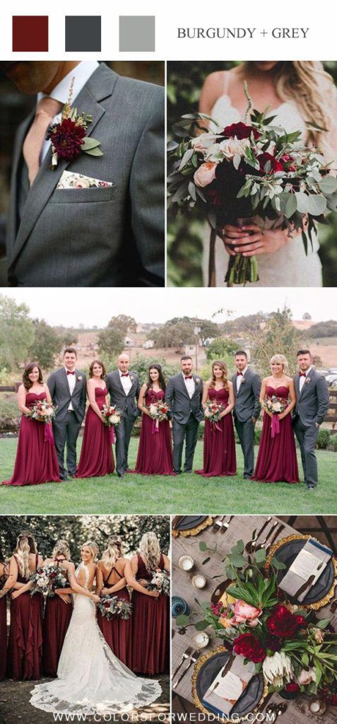 the wedding party is dressed in burgundy and grey