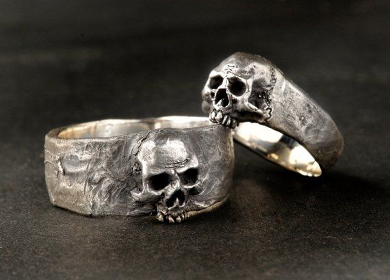 Silver Skull Wedding Ring Set Solid Sterling Silver Wedding Sterling Silver Wedding Rings Sets, Gothic Wedding Rings, Skull Wedding Ring, Gothic Engagement Ring, Skull Engagement Ring, Vintage Gold Engagement Rings, Skull Wedding, Black Gold Ring, Silver Skull Ring